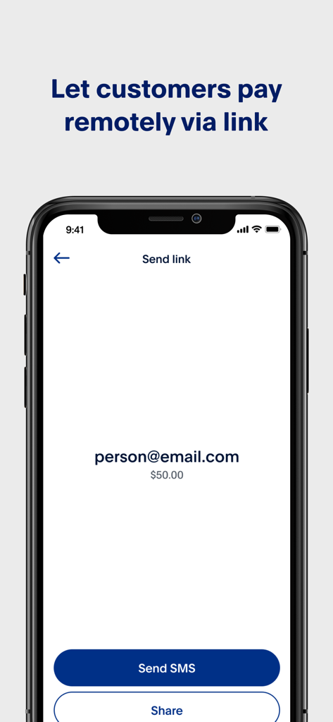 PayPal POS app interface showing how to send a remote payment link to a customer via email or SMS