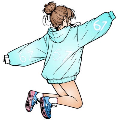 realistic girl jumping with a bun and oversized sweatshirt