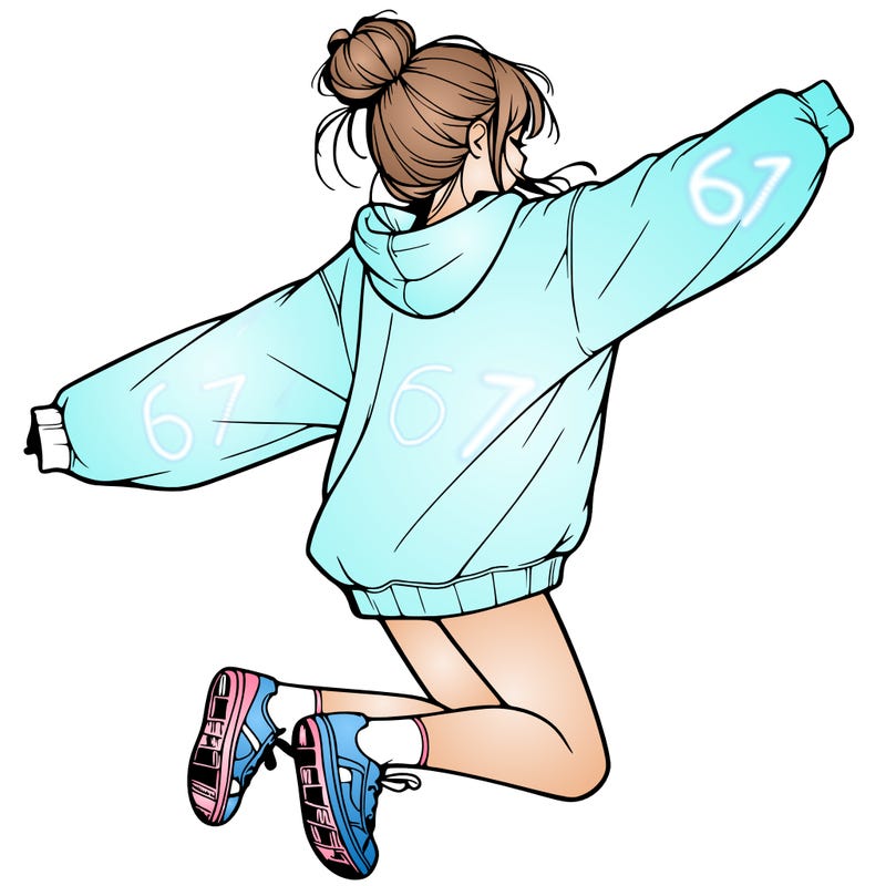 realistic girl jumping with a bun and oversized sweatshirt