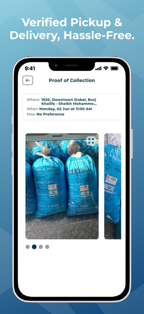 DryX - Proof of collection screen in the DryX app showing blue laundry bags and pickup location details
