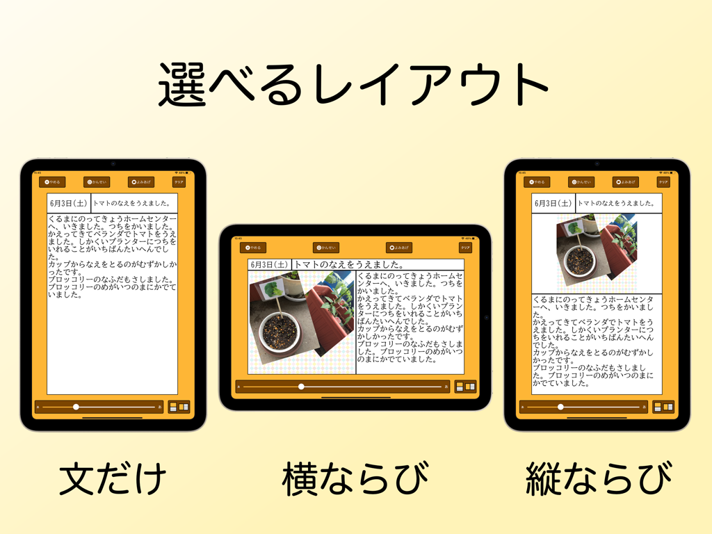 Three iPad screens showing text only horizontal and vertical layout options for the Enikki picture diary app