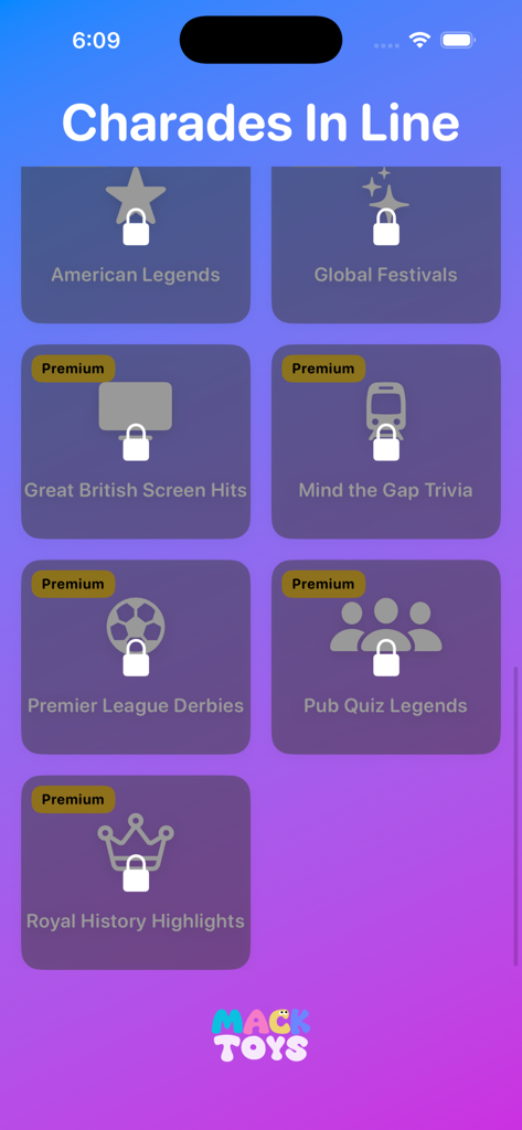 Charades In Line - Uma tela no aplicativo Charades In Line mostrando várias categorias de jogos bloqueadas e premium como Lendas Americanas e Grandes Sucessos do Cinema Britânico.