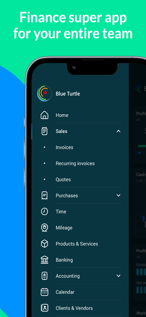 Menu laterale dell'app mobile Fiskl con strumenti di fatturazione, bancari e contabili.