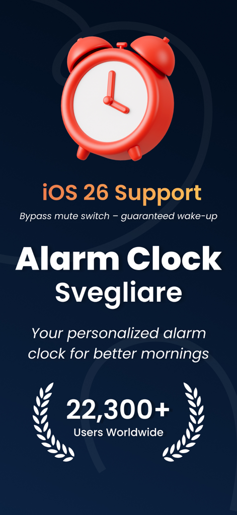 Alarm Clock Svegliare - Promotional screen for Alarm Clock Svegliare showing a red 3D clock and highlighting the silent mode bypass feature