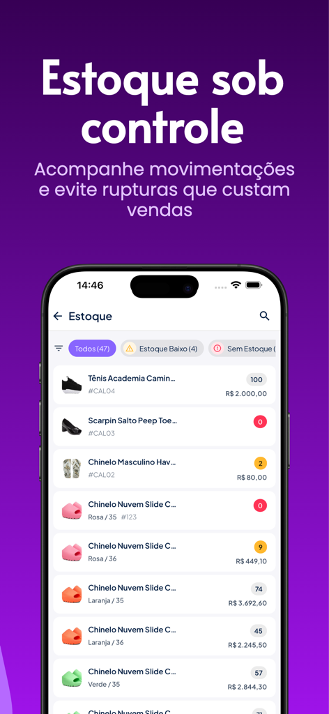 Stoqui: Catálogo e Vendas - Interfaz de la aplicación móvil Stoqui que muestra una lista de productos con niveles de stock en tiempo real y filtros de seguimiento de inventario.