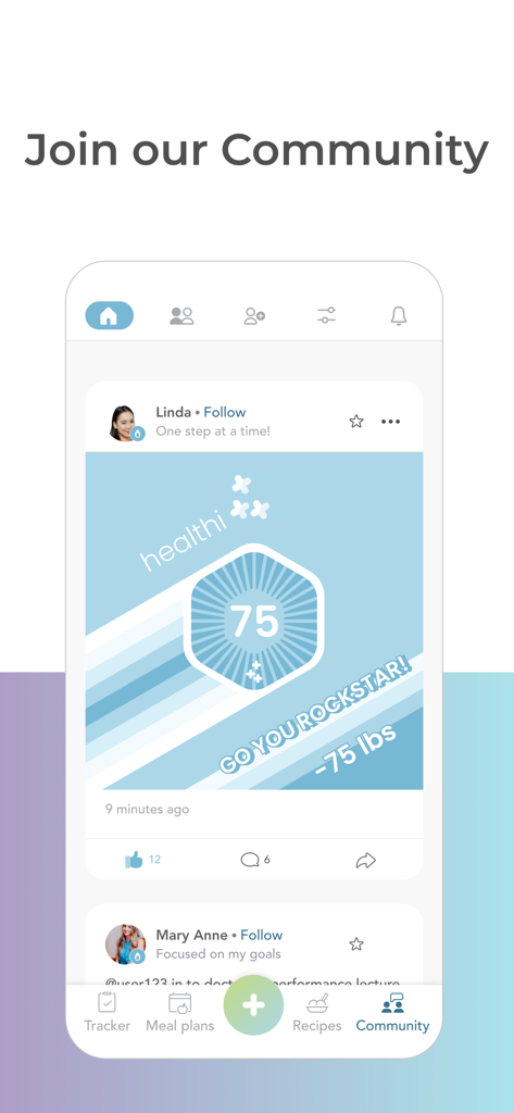 Healthi: Weight Loss, Diet App - A screenshot of the Healthi app community feed showing a user celebrating a seventy five pound weight loss milestone.