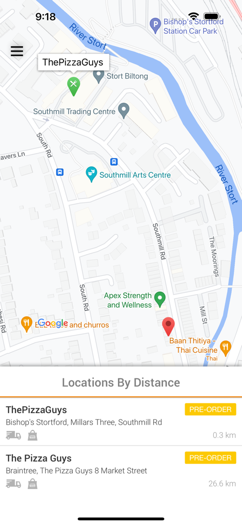 The Pizza Guys ® - Visualização do mapa das localizações dos restaurantes The Pizza Guys mostrando distância e opções de pré-pedido