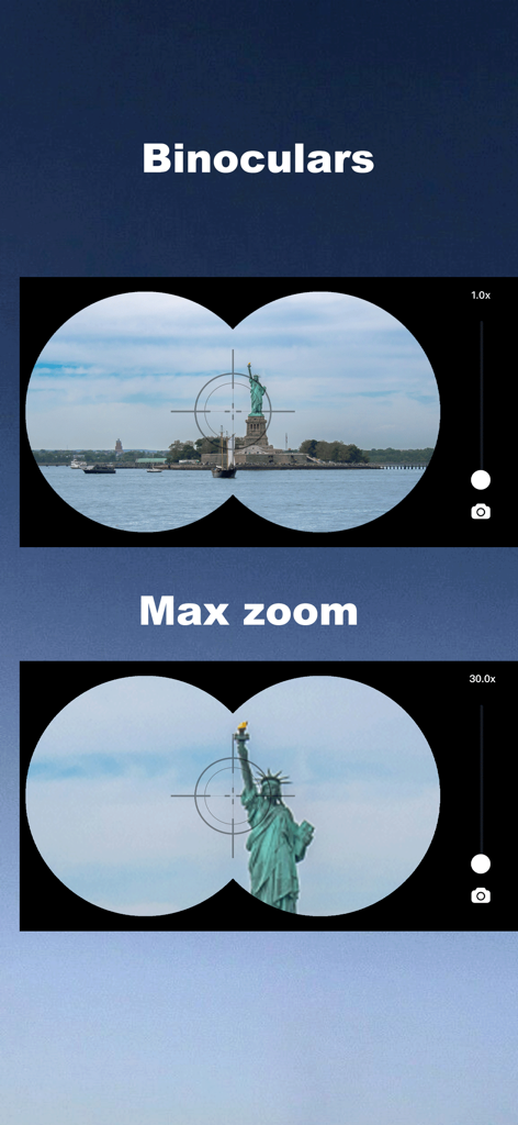 Ein Vergleich zwischen normaler Ansicht und 30-fachem Max-Zoom der Freiheitsstatue durch eine digitale Fernglas-Oberfläche.
