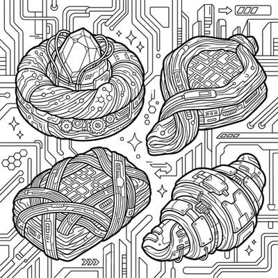 Indulge your artistic cravings with this extraordinary coloring page featuring danish pastries reimagined with cutting-edge cyberpunk aesthetics. Discover a futuristic twist on a classic treat, ready for your creative touch.