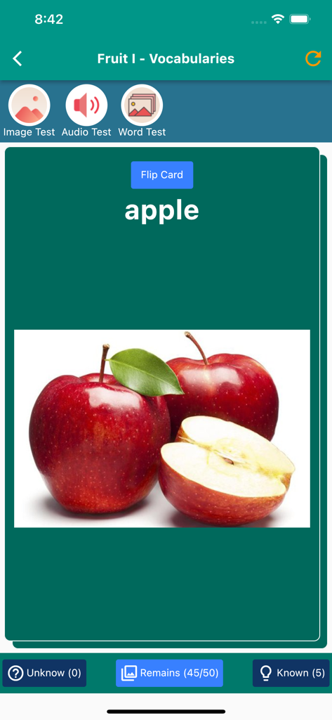 English Vocabulary in Use - A digital flashcard showing the word apple with a picture of red apples in an English vocabulary learning app interface.