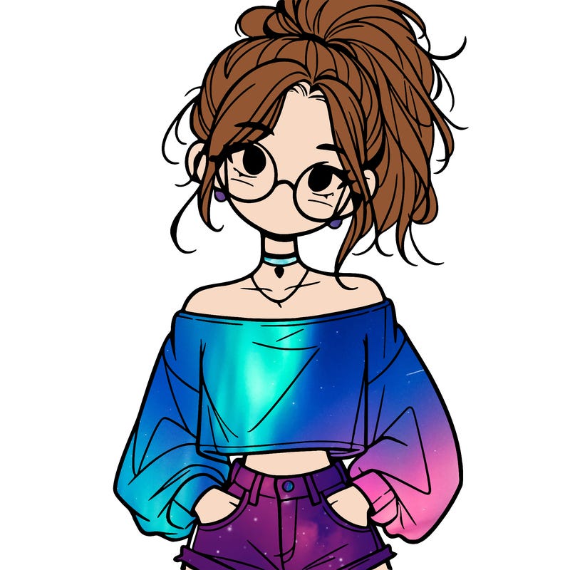 girl with a messy ponytail glasses a baggy crop top and jean shorts