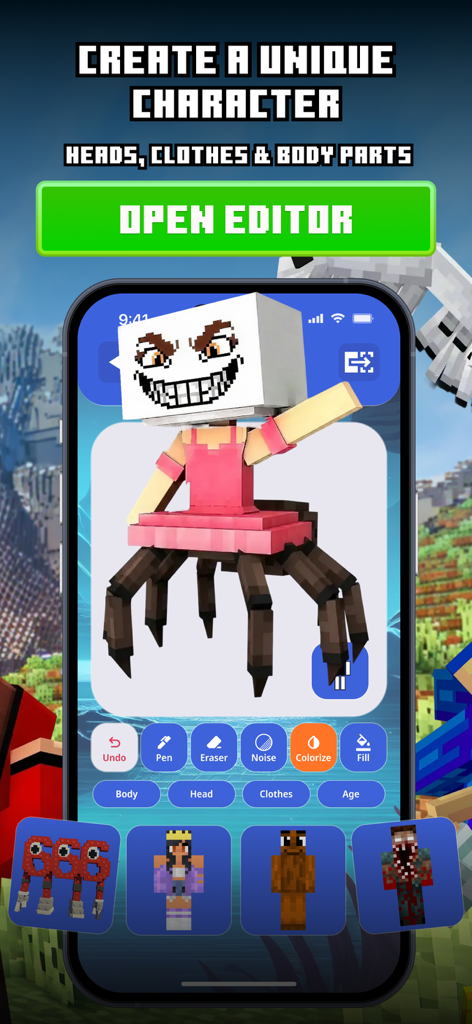 Ein Bildschirm aus der App Mods und Addons für Minecraft, der ein Charakter-Creator-Tool mit einem einzigartigen pink gekleideten Spinnen-Avatar zeigt.