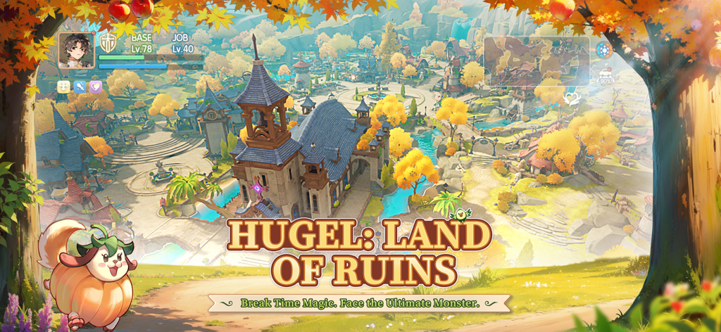 Visão cinematográfica da cidade de Hugel Land of Ruins em Ragnarok Origin ROO com árvores de outono e interface do jogo
