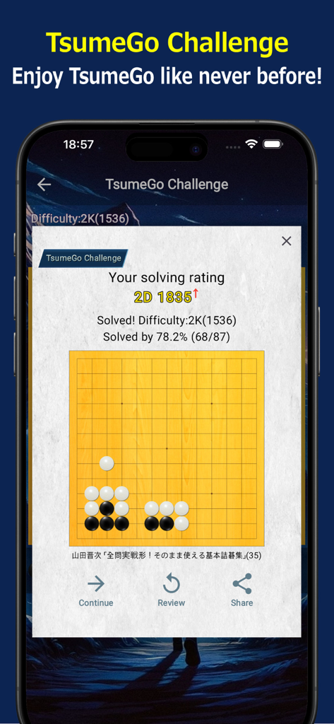 GoQuest - GoQuest app Tsumego Challenge screen displaying a solved board puzzle with user solving rating and difficulty stats