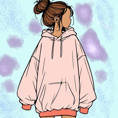 realistic girl with a oversized sweatshirt on and a bun