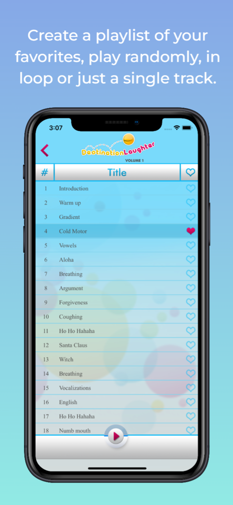 A list of laughter yoga exercises in the Let's Laugh app featuring sessions like warm up and breathing.