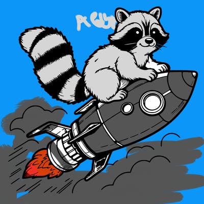 realistic raccoon flying on top rocket ship
