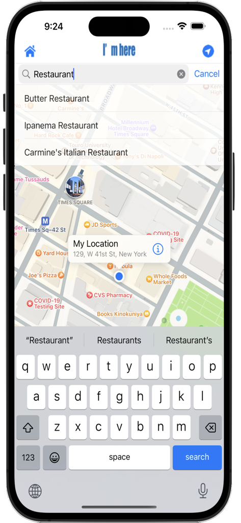 Captura de pantalla de la aplicación Im here que muestra una búsqueda de restaurantes en un mapa de la ciudad de Nueva York con un marcador de ubicación y teclado