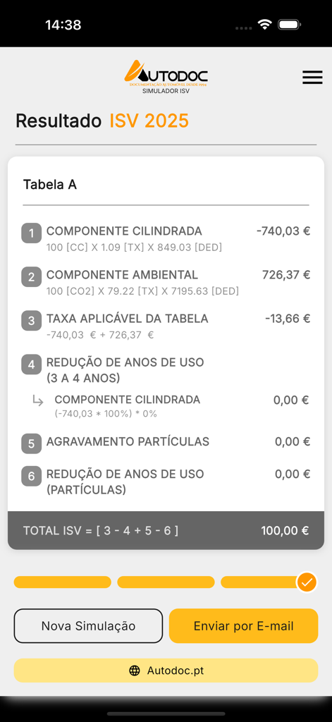 AutoDoc - Pantalla de resultados de la aplicación AutoDoc para un cálculo del impuesto ISV de vehículos portugueses.