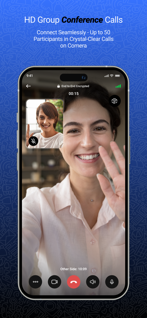 Comera - Comera app interface showing an end-to-end encrypted HD group video call