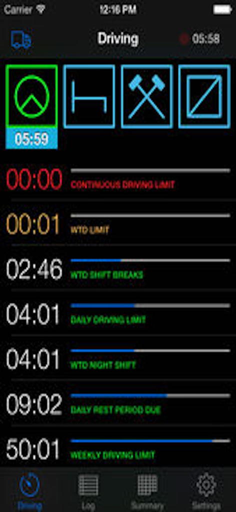 Interface of TruckerTimer app showing countdown timers for EU truck driving limits and rest periods.
