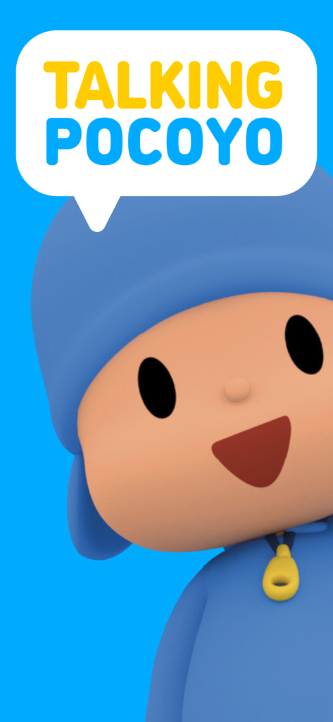 Talking Pocoyo - Personaje de Pocoyó sonriendo con el texto de Pocoyó Parlanchín en un bocadillo de diálogo