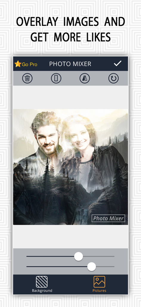 Interface of Ultimate Photo Mixer app demonstrating a double exposure effect blending a couple with a mountain landscape