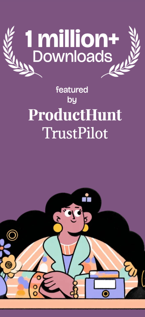 InterpreterX: VoiceTranslation - Social proof for InterpreterX showing over 1 million downloads and featured status on Product Hunt and TrustPilot