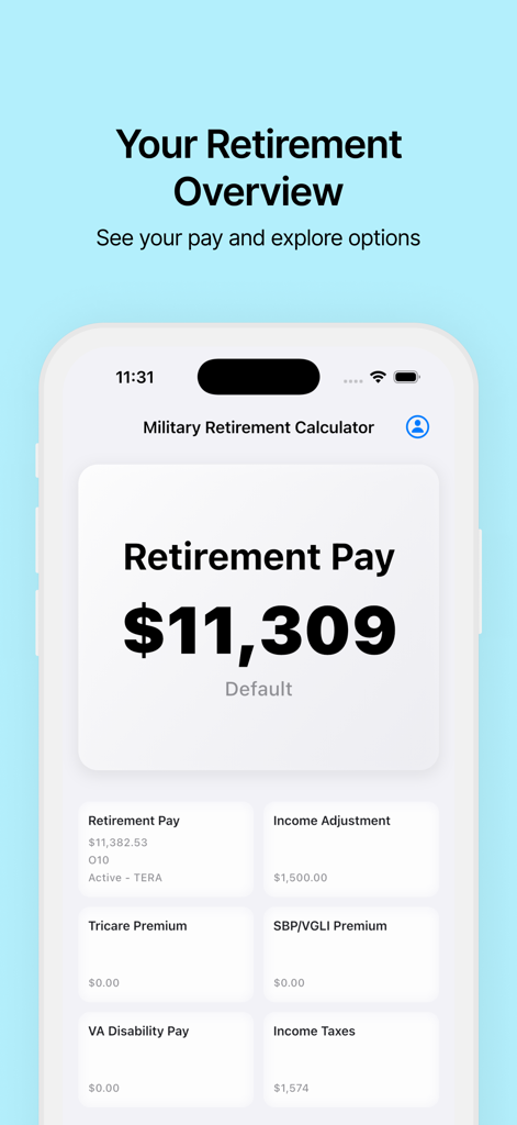 Military Retirement Calculator app showing a retirement pay overview with estimates for pay, taxes, and premiums