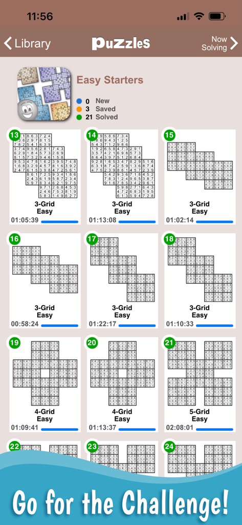 MultiSudoku: Samurai Sudoku - Vue de la galerie de puzzles sudoku samurai faciles avec différentes configurations de grilles dans l'application MultiSudoku