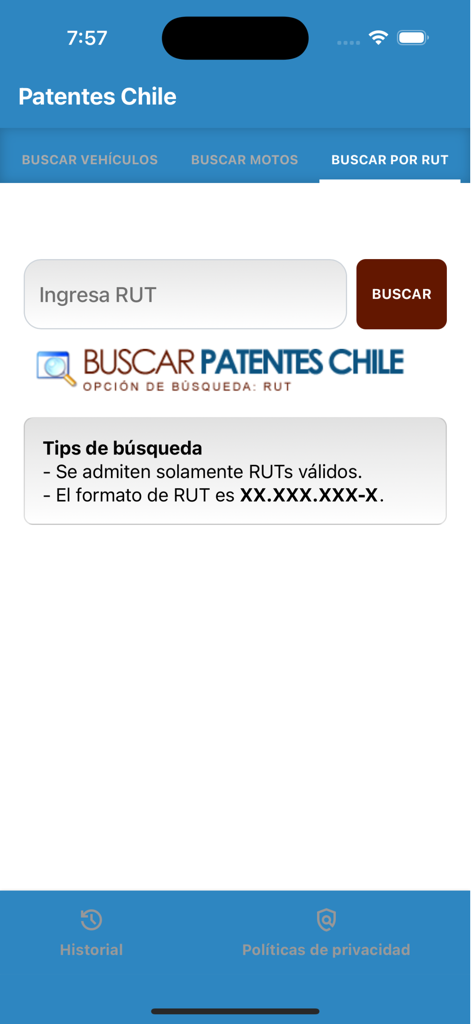 Search by RUT interface on the Buscar Patentes Chile mobile app