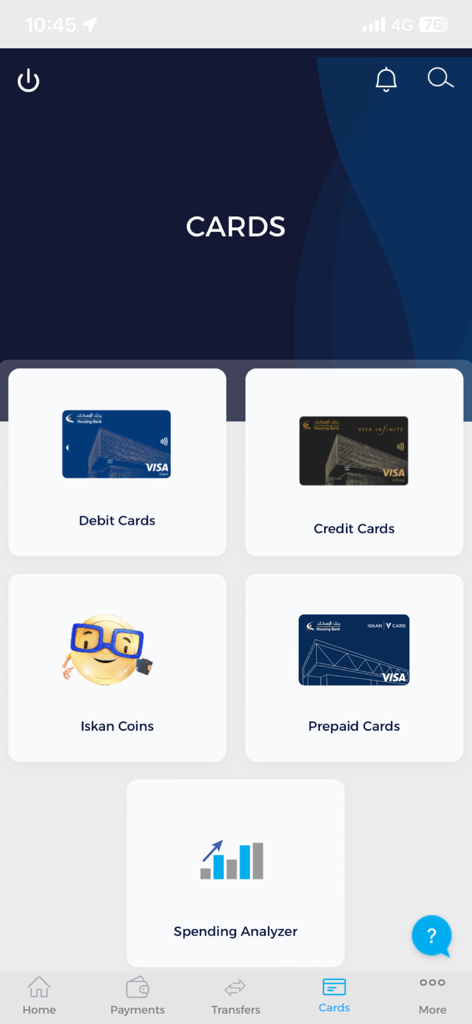 Painel de gerenciamento de cartões no aplicativo Iskan Mobile com opções para cartões de débito, crédito, pré-pagos e um analisador de gastos.