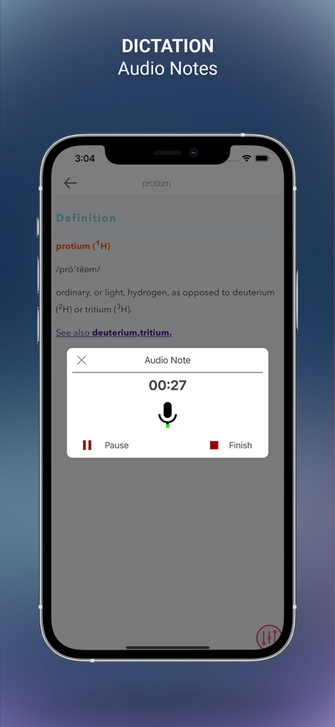 Smartphone screen displaying the audio notes dictation feature in the Mosby's Pocket Dictionary app