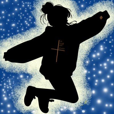 realistic girl jumping with a bun and oversized sweatshirt
