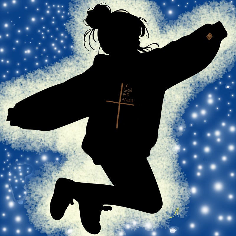 realistic girl jumping with a bun and oversized sweatshirt