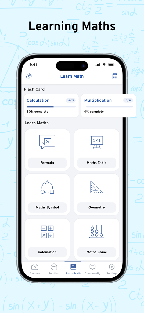 AI Math Scanner: Maths Solver - AI Math Scanner app interface displaying flashcards and math learning categories
