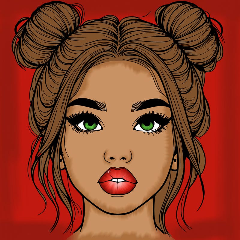 realistic girl with two buns on her hair and lips
