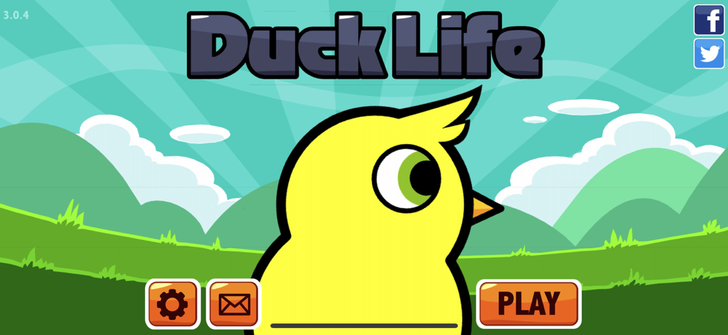 The main menu of Duck Life 4 featuring a large yellow duckling against a green hills background.