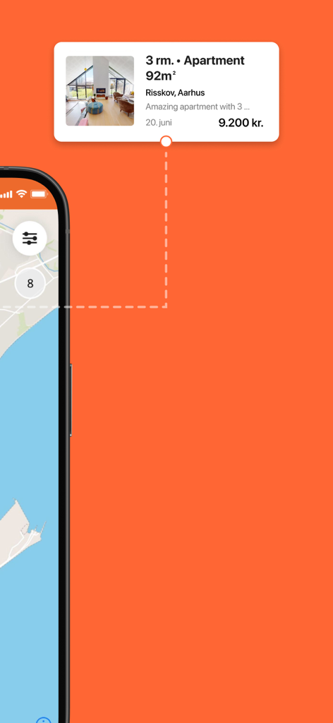 BoligPortal - BoligPortal mobile app showing a map view with a rental apartment listing