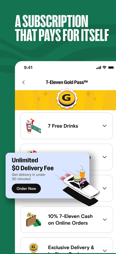 7NOW: Food & Drinks Delivery - Oberfläche des 7-Eleven Gold Pass, die Vorteile wie unbegrenzte kostenlose Lieferung und Prämienpunkte anzeigt