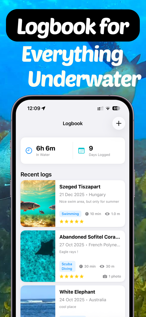 WikiBubbles: Dive & Snorkel - A smartphone screen displaying the WikiBubbles app logbook with recorded scuba diving and snorkeling trips including photos and dive statistics.