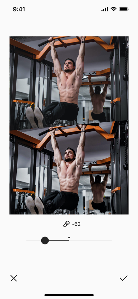 Before and after comparison of a gym photo being edited for muscle definition in the Spring app