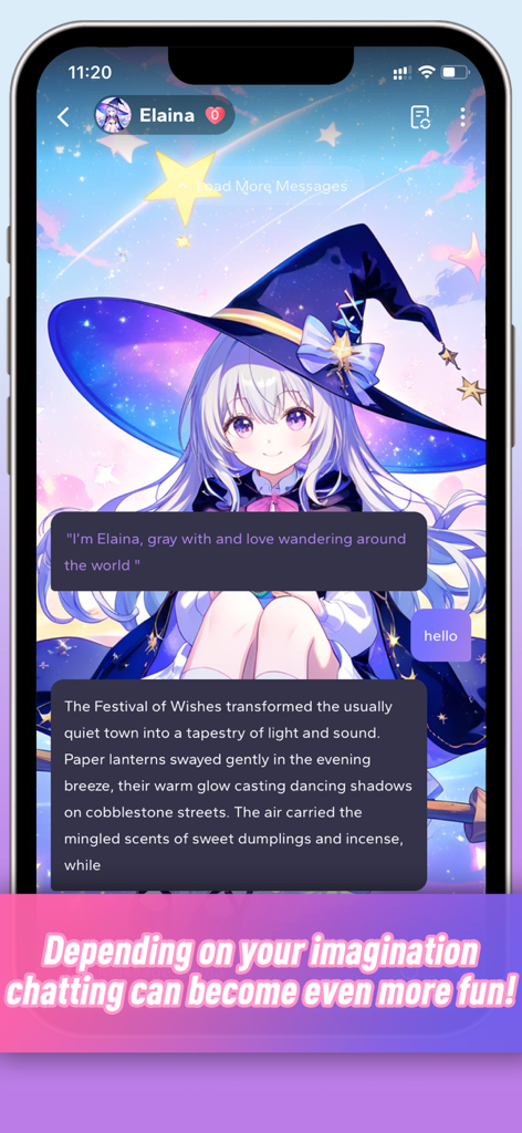 Interface de discussion de l'application Feelin AI présentant une conversation avec un personnage de sorcière anime nommé Elaina.