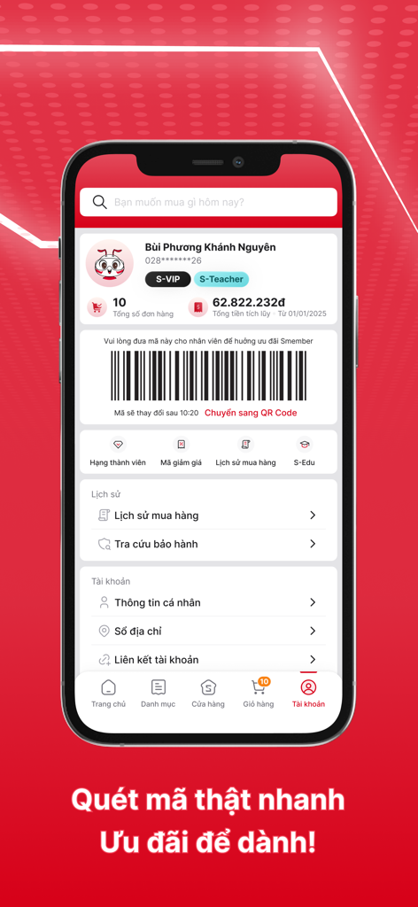 Tela da conta do usuário do aplicativo CellphoneS mostrando o status de membro S-VIP e o código de barras de fidelidade Smember.