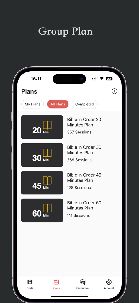The group reading plans interface in the Public Reading of Scripture app showing different session durations