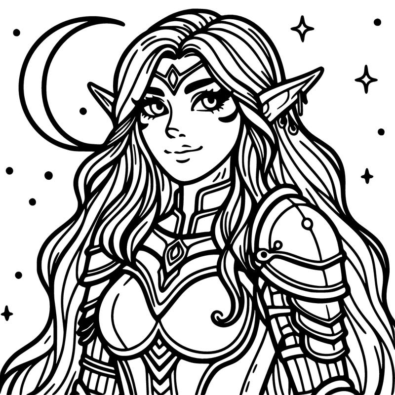elf with long hair, armor, and a moon behind her