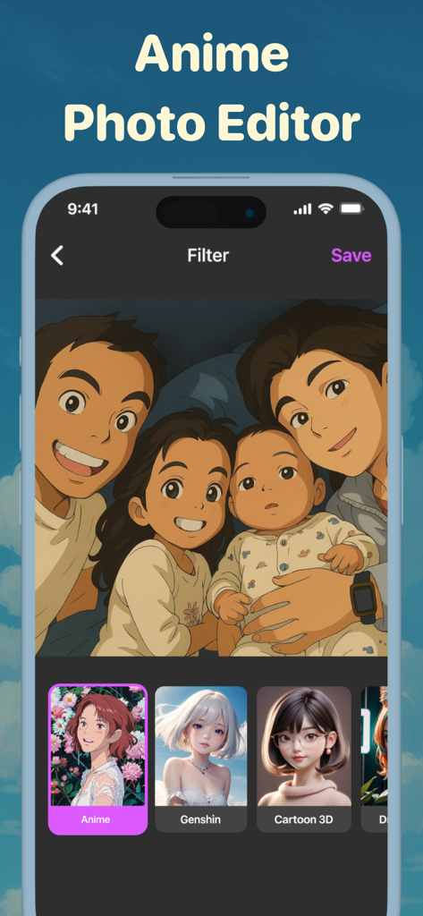 Mobile app interface showing a family photo transformed into anime style with various filter options like Genshin and Cartoon 3D.