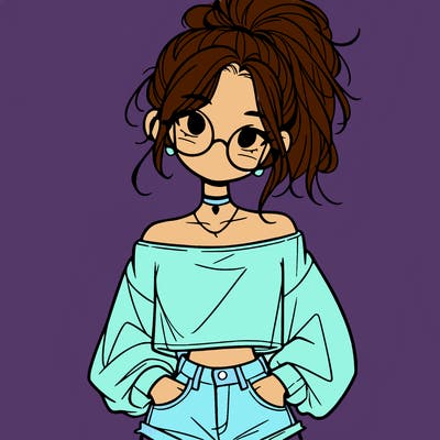 girl with a messy ponytail glasses a baggy crop top and jean shorts