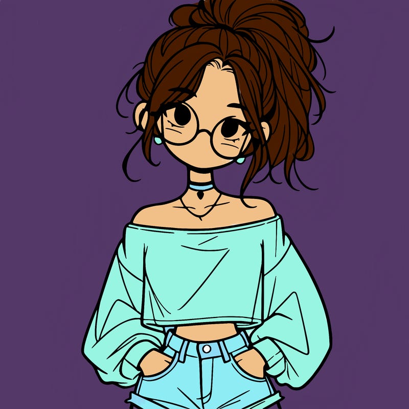 girl with a messy ponytail glasses a baggy crop top and jean shorts