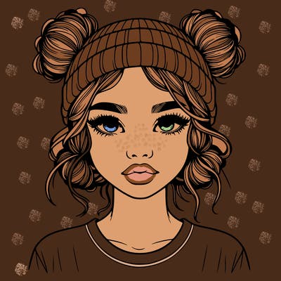 realistic girl with buns in her hair with a beanie on